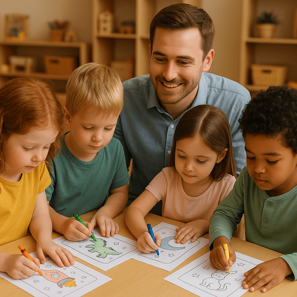Vier Kinder sitzen an einem Tisch, dahinter kniet der Erzieher. Die Kinder malen mit verschiedenen Farben Ausmalbilder aus.