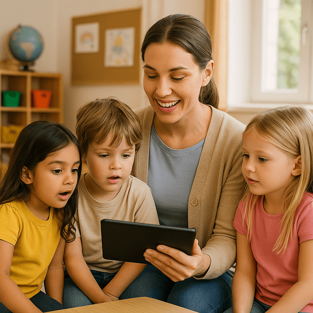 Erzieherin sitzt mit Kindern auf dem Boden und beantwortet Fragen mithilfe einer KI am Tablet.