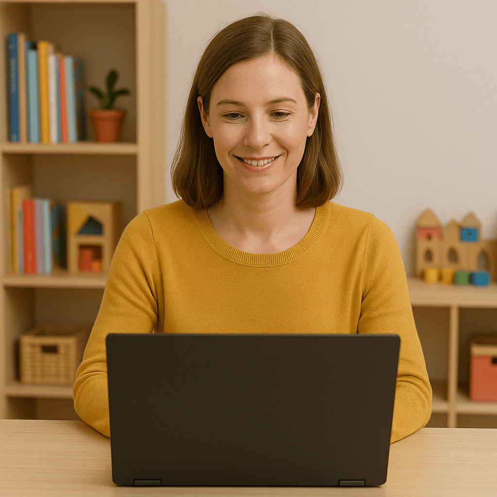 Erzieherin sitzt am Laptop und erstellt mithilfe von einem KI-Tool einen Elternbrief für das Sommerfest.