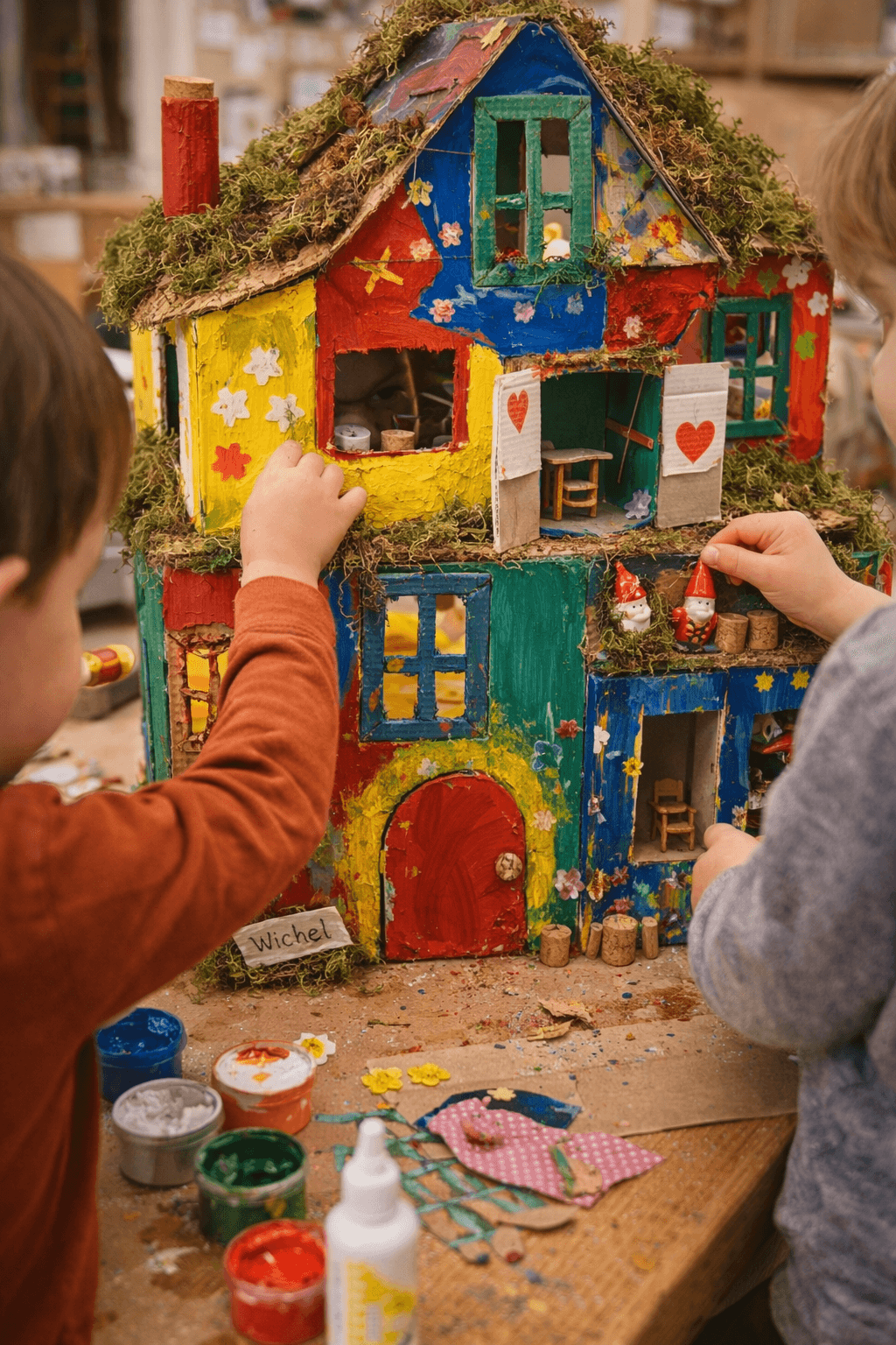 Zwei Kinder sitzen vor einem selbstgebasteltem Wichtelhaus aus Pappe, Moos und bunter Farbe.
