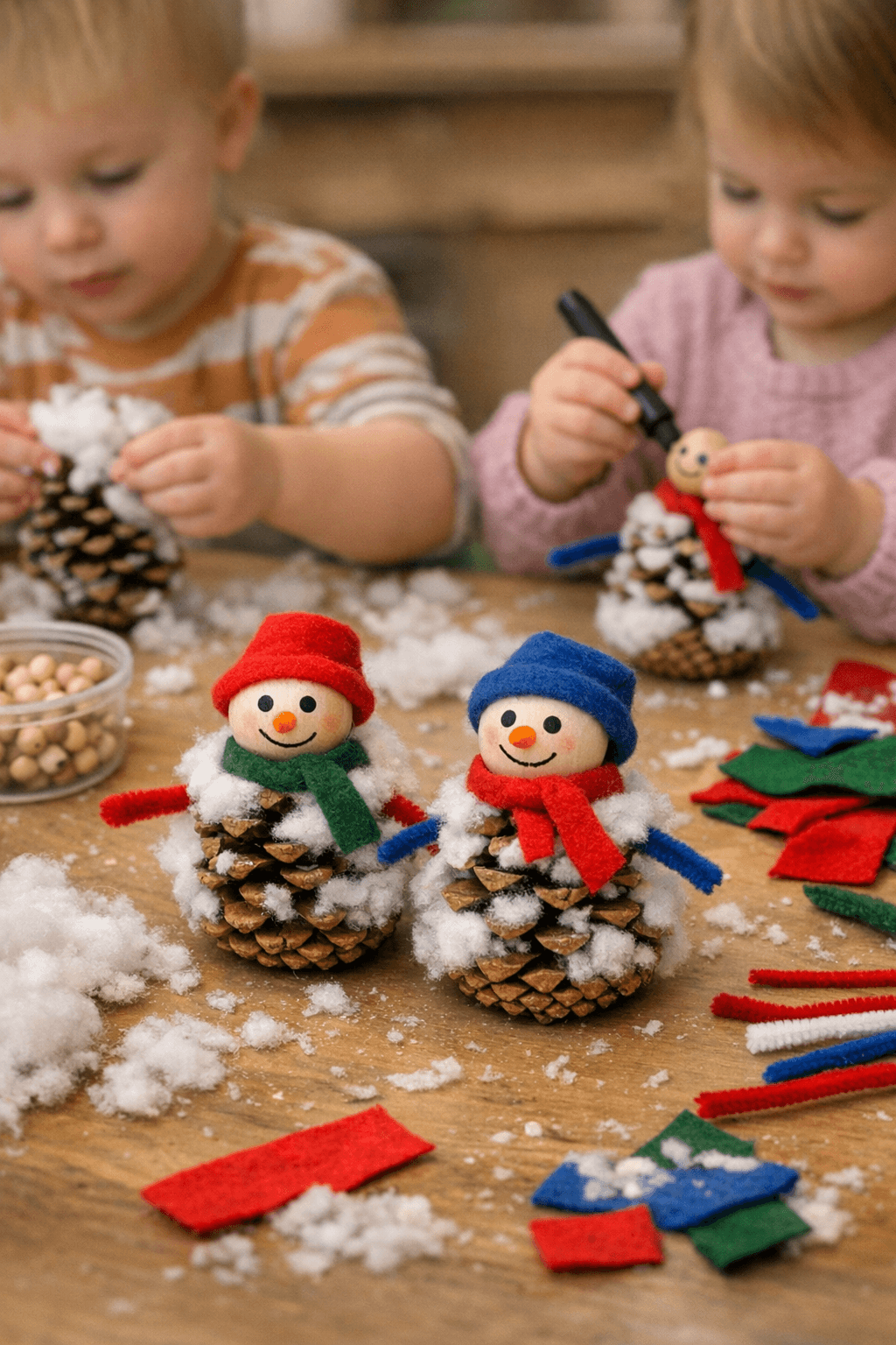 Zwei Kinder sitzen an einem Tisch und basteln Schneemänner aus Tannenzapfen, Watte, Filz und mehr.