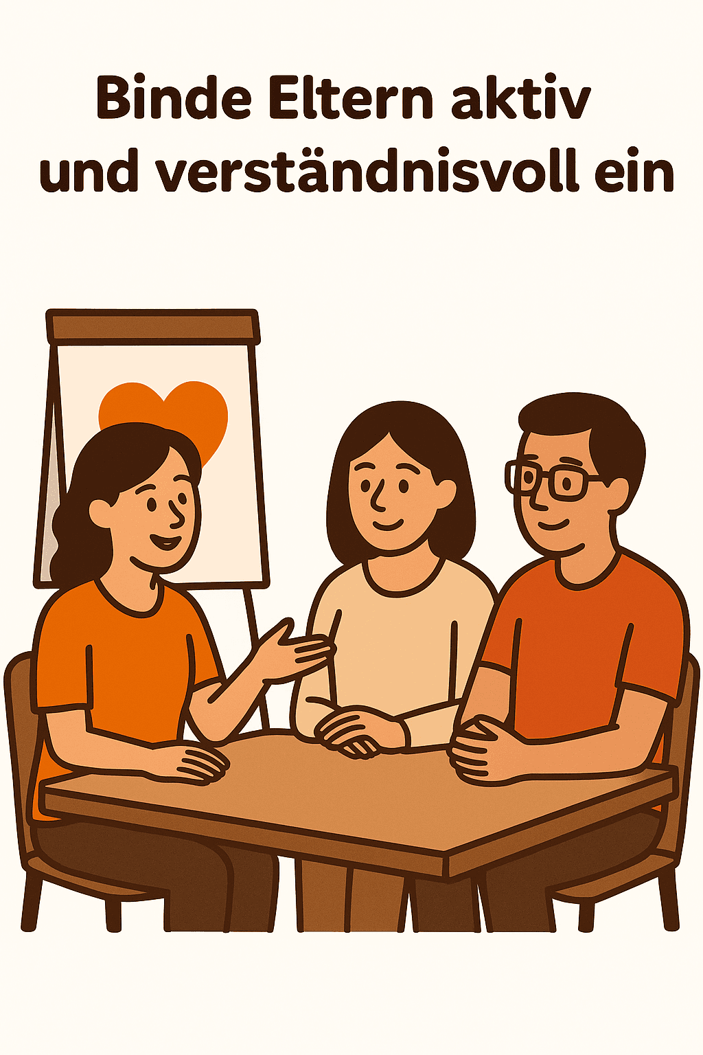 Eine Erzieherin sitzt an einem Tisch und spricht offen mit einem Elternpaar. Im Hintergrund steht ein Flipchart mit einem orangefarbenen Herz.