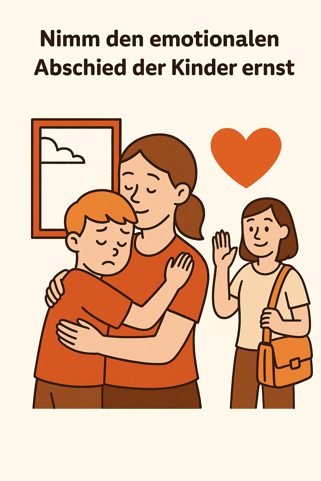 Ein kleiner Junge mit traurigem Gesichtsausdruck umarmt eine lächelnde Erzieherin zum Abschied. Im Hintergrund steht die Mutter des Kindes und winkt.