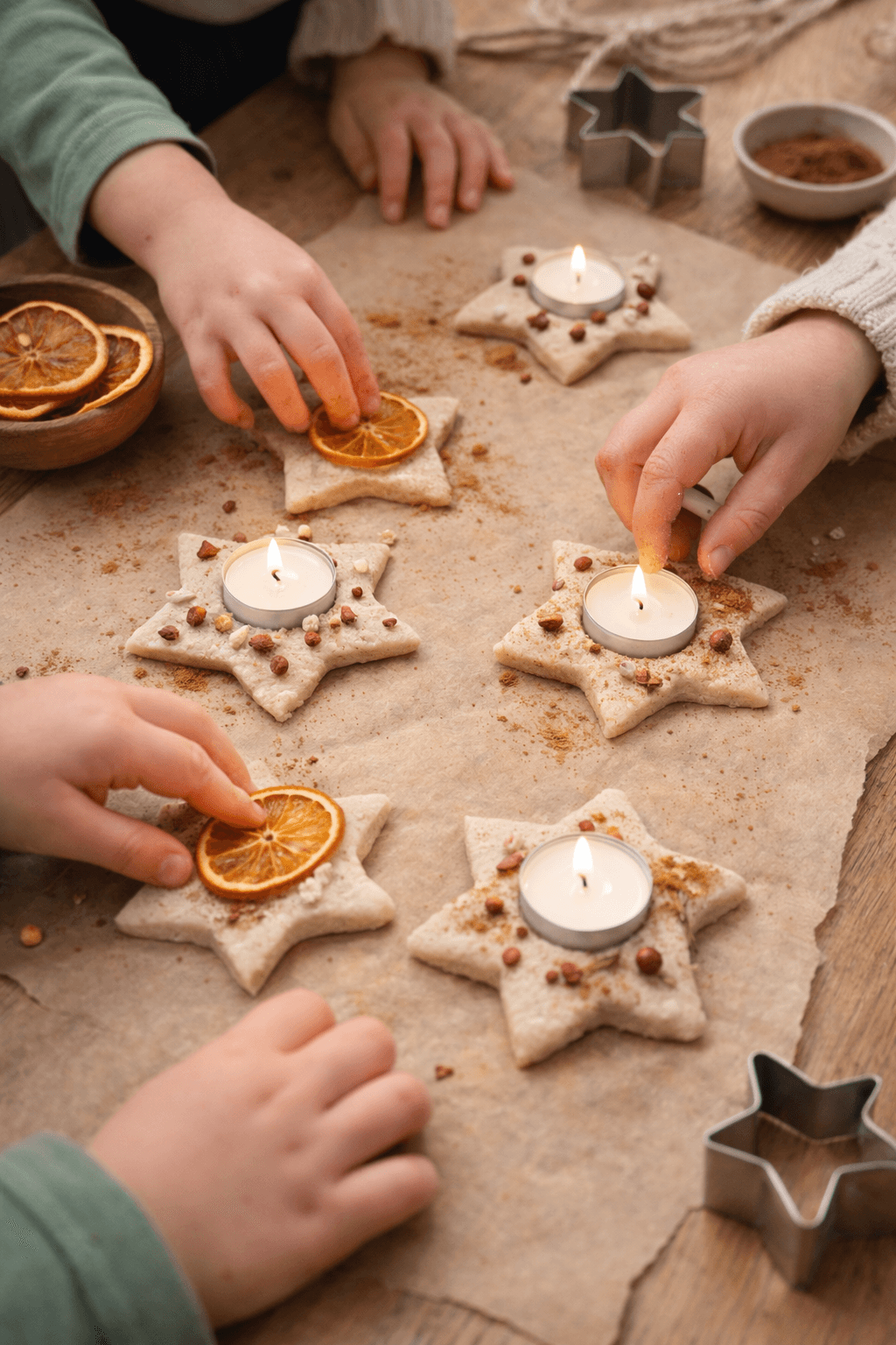 Kinder basteln Kerzenhalter in Form eines Sterns aus Salzteig.