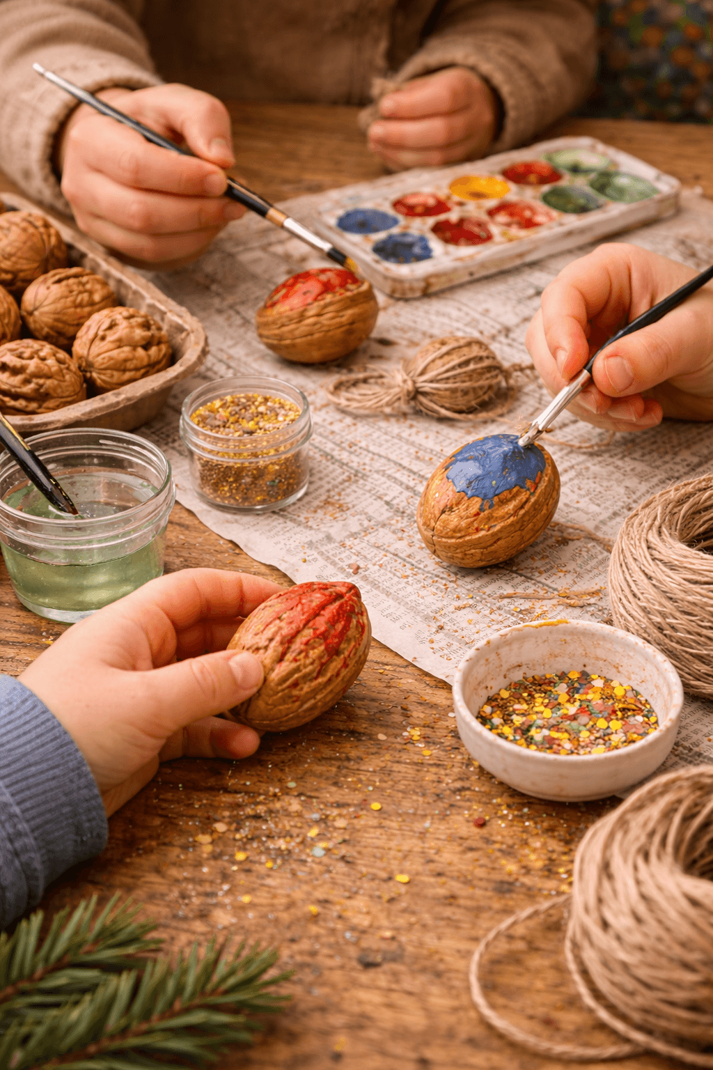 Kinder bemalen Walnüsse mit bunten Farben und Glitzer.