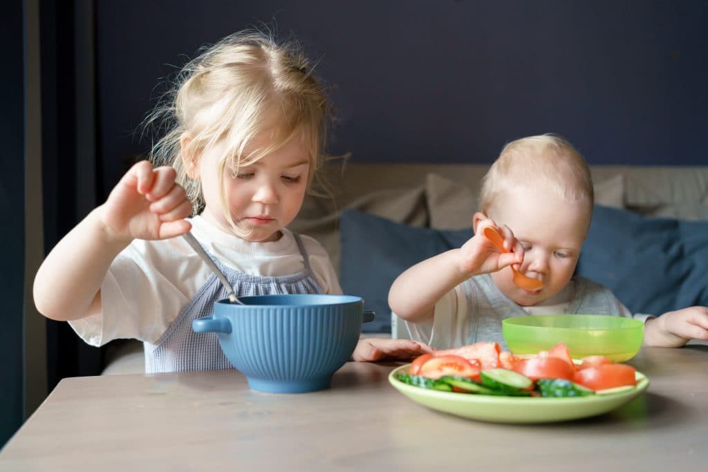 Zwei kleine Kinder sitzen an einem Tisch. Das eine rührt in einer blauen Suppenschüssel, während das andere aus einer grünen Schüssel isst. Ein Teller mit Gemüse steht daneben.