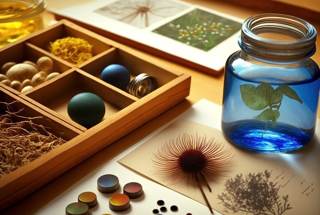 Naturmaterialien, Farbpigmente und gepresste Pflanzen für ein Naturforschungsprojekt auf einem Tisch arrangiert.