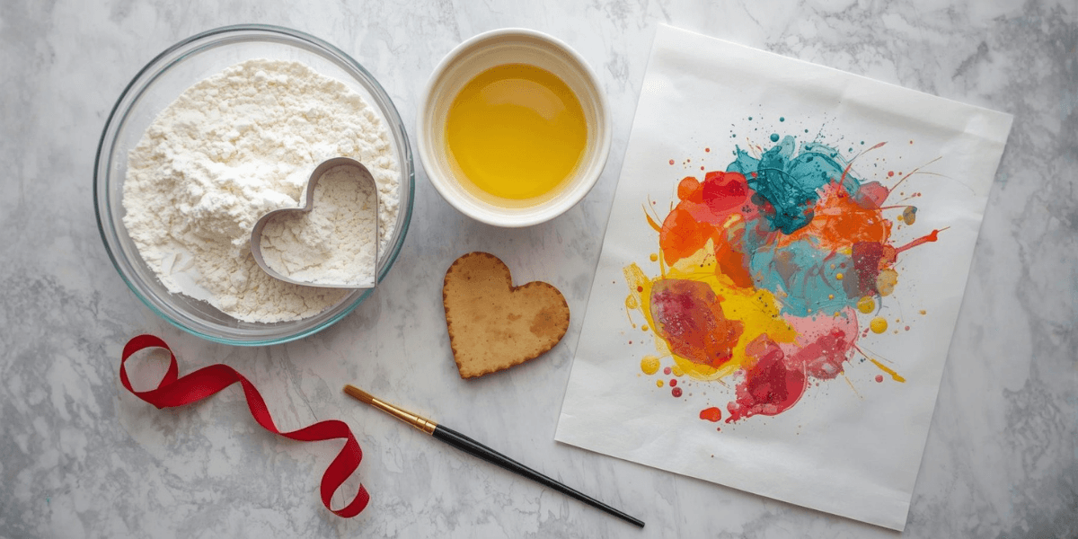 Backzutaten und Bastelmaterialien auf einer Marmoroberfläche: Mehl in einem herzförmigen Ausstecher, gelbe Flüssigkeit, herzförmiger Keks, bunte Farbe und ein Band.