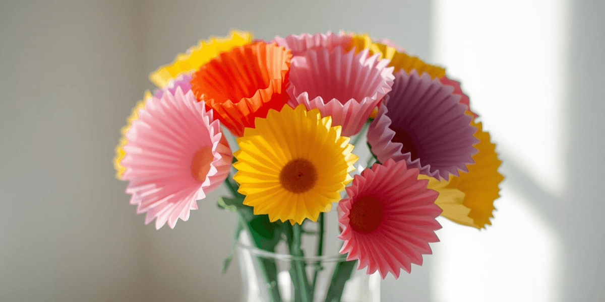 Bunte Papierblumen, die Ringelblumen und Gänseblümchen ähneln, sind in einer Glasvase ausgestellt und werden von sanftem Tageslicht beleuchtet.