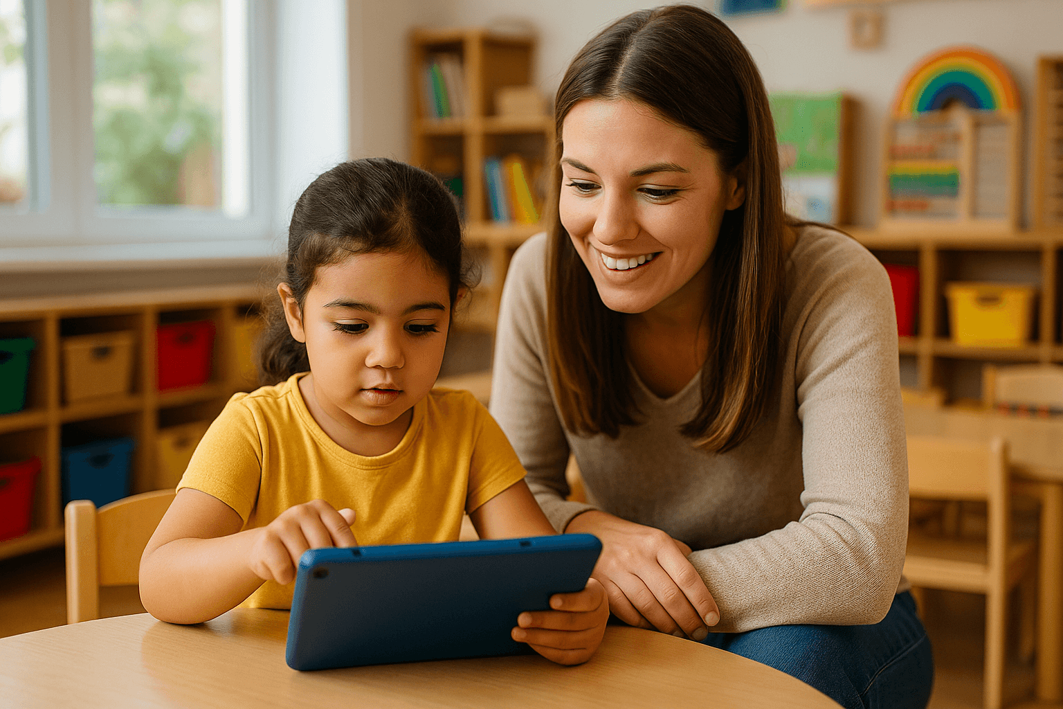 Erzieherin sitzt mit einem Mädchen im Kindergarten an einem Tisch und lernt mit einer KI-App am Tablet.