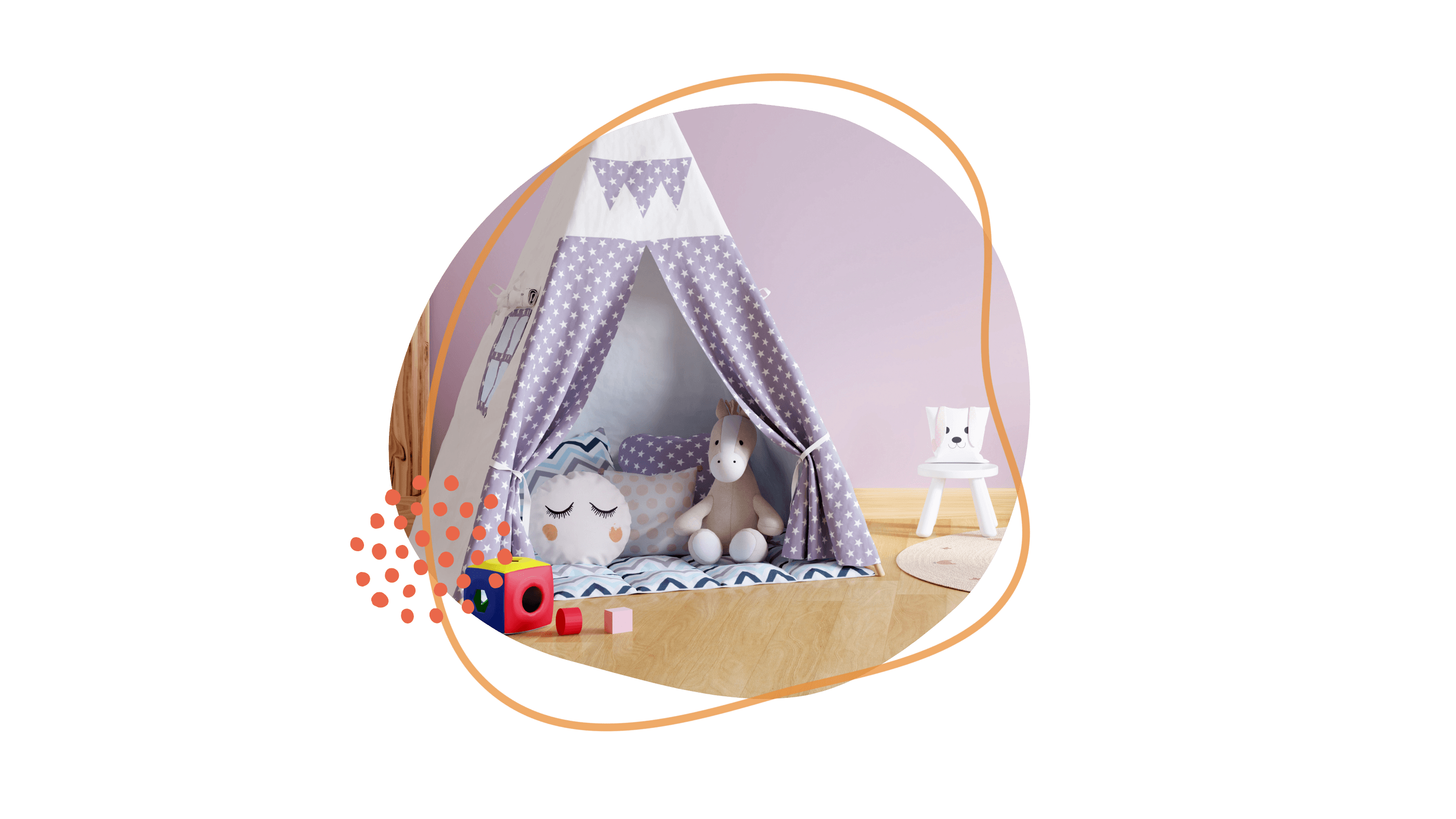 Kinderzelt mit Kuscheltieren in einem ruhigen Raum.