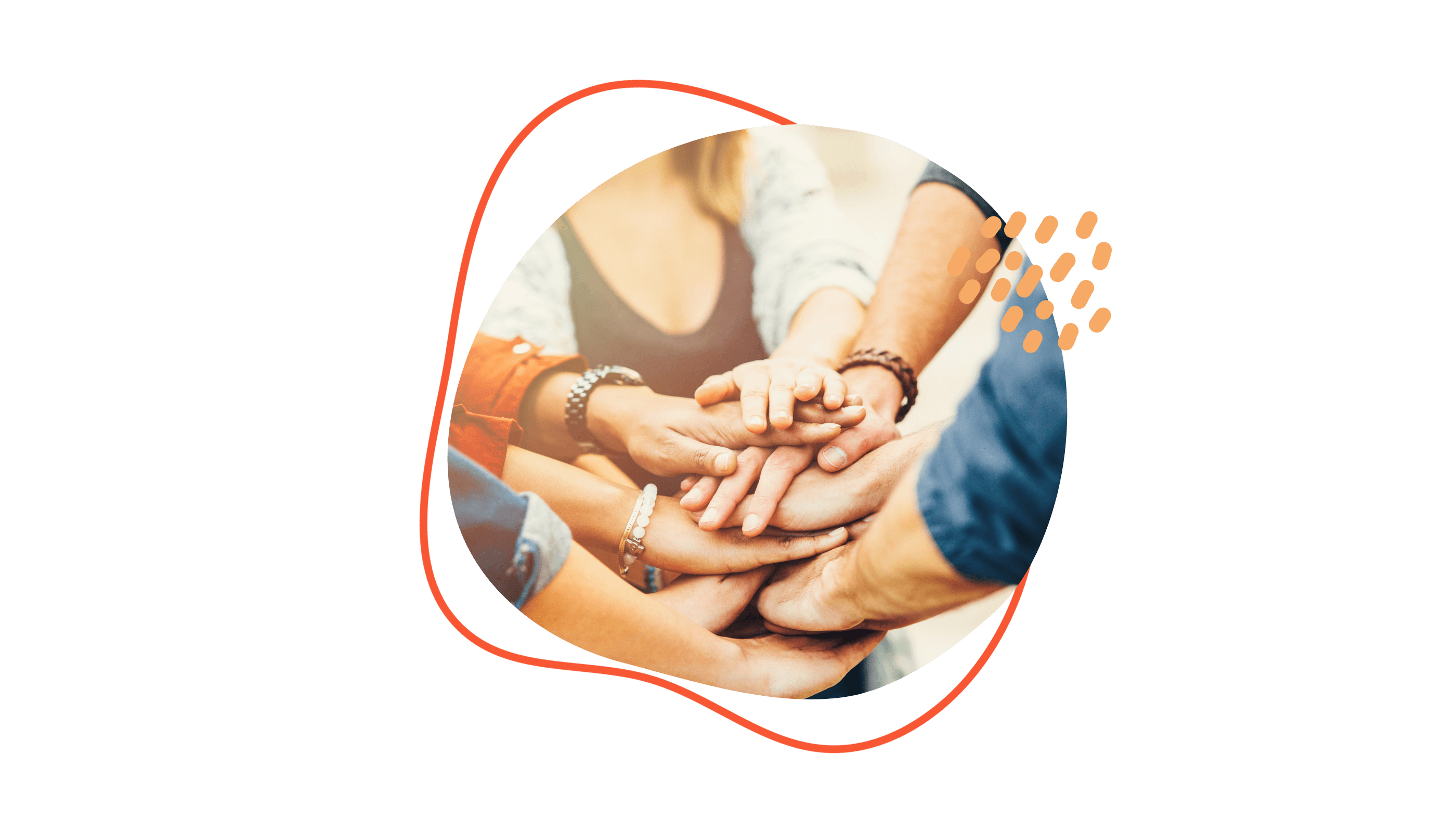 Eine Gruppe verschiedenfarbiger Hände, die sich zentral versammeln und so Einheit und Teamwork symbolisieren, umgeben von einem abstrakten, farbenfrohen Muster.