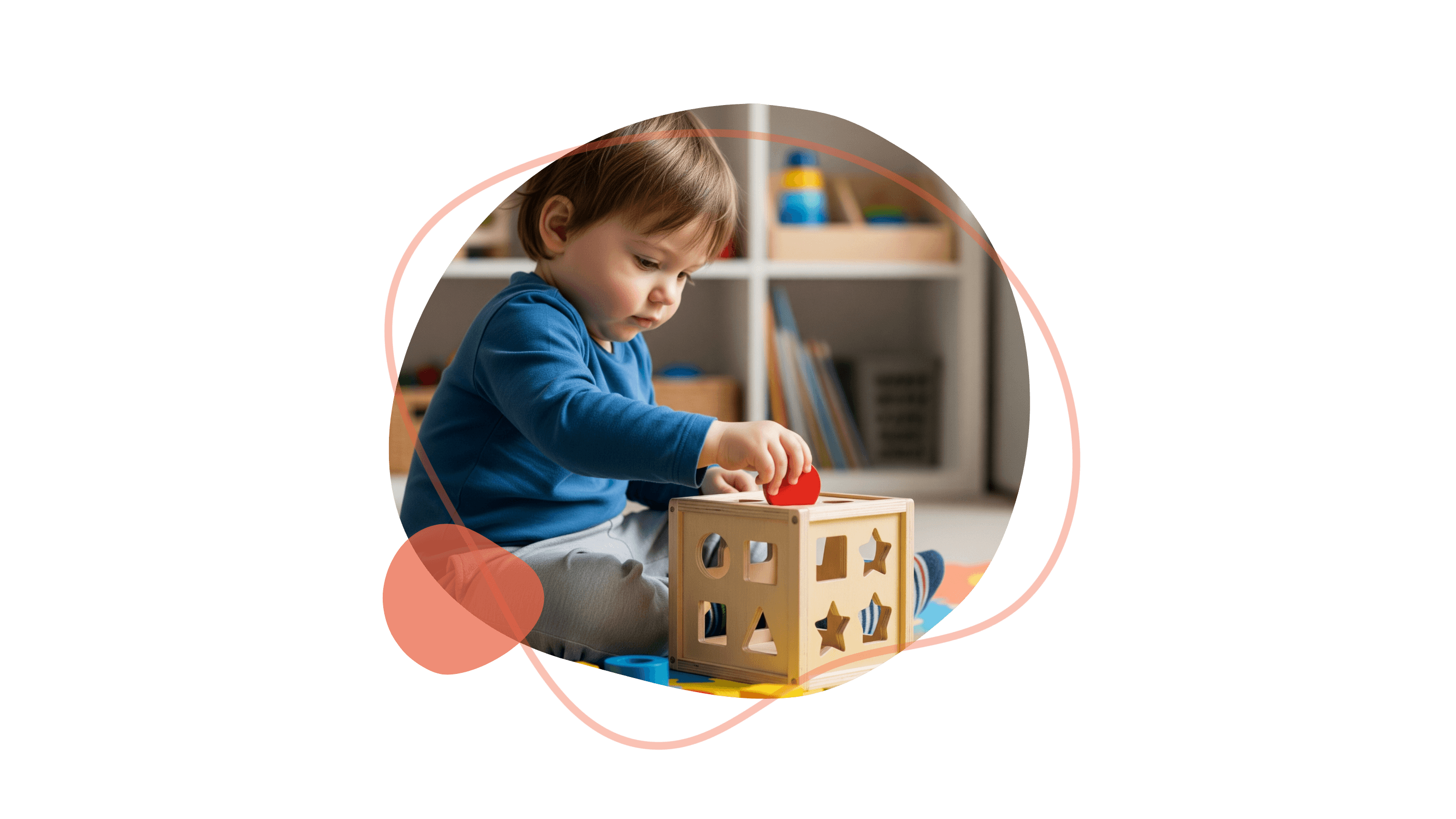 Ein Kleinkind in einem blauen Hemd spielt in einem Spielzimmer mit einem hölzernen Formensortierer.