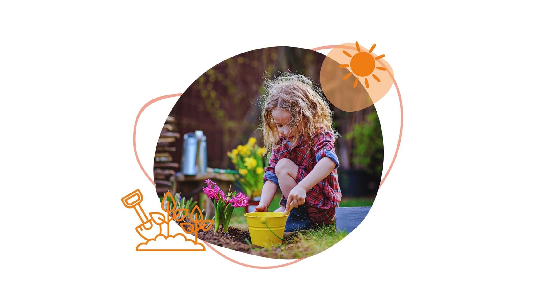 Kind mit langen, lockigen Haaren kniet im Garten und pflanzt Blumen neben einem gelben Eimer.