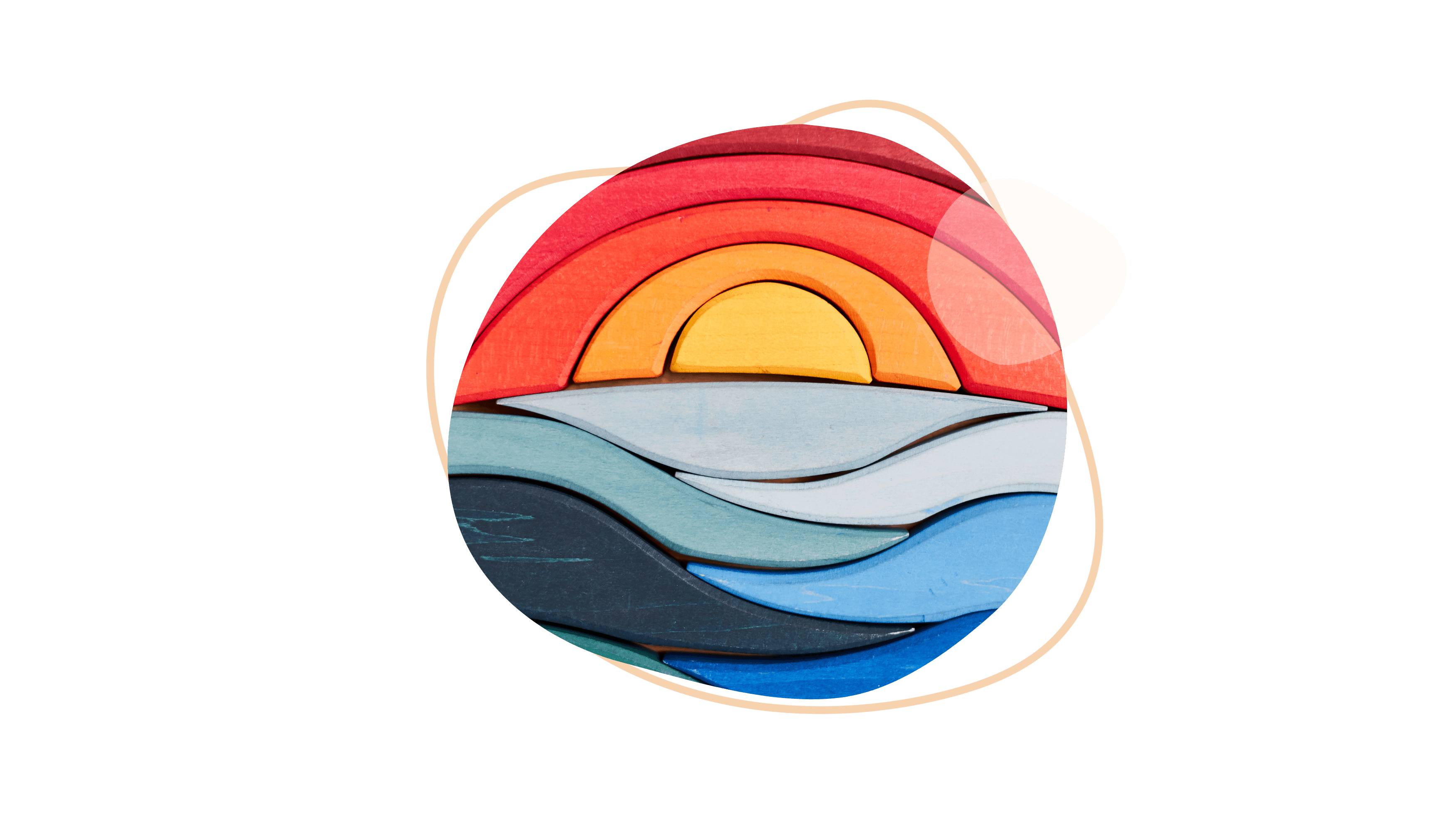 Farbenfrohes abstraktes Bild eines Sonnenuntergangs über Wellen, zusammengesetzt aus geschichteten Holzstücken.