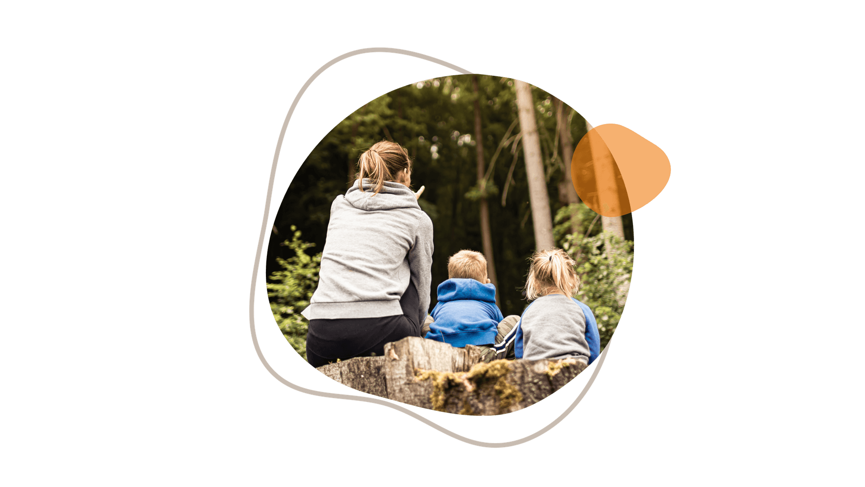 Erwachsene mit zwei Kindern von hinten fotografiert auf einem Baumstumpf sitzend, umgeben von Wald.