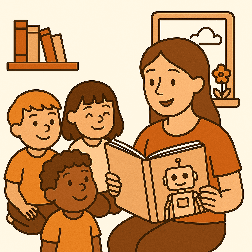 Illustration einer Erzieherin, die auf dem Boden sitzt und einem kleinen Kreis von drei Kindern ein Buch mit einem Roboter auf dem Cover vorliest.