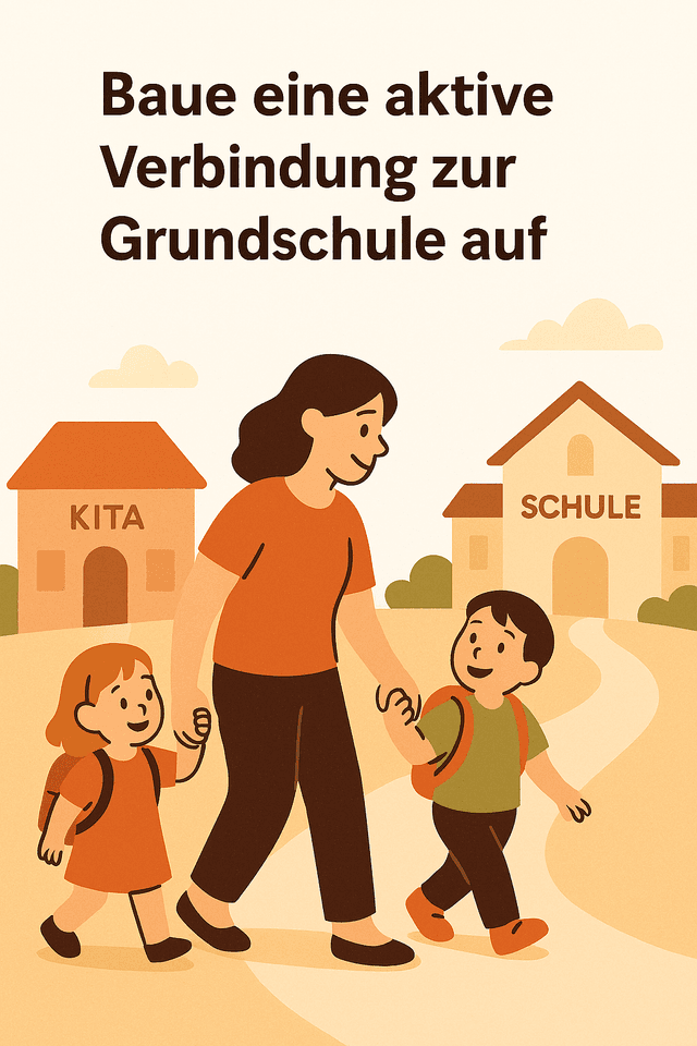Eine Erzieherin begleitet zwei Kinder auf einem geschwungenen Weg von einem Kita-Gebäude zur Grundschule. Die Kinder tragen Schulranzen und schauen die Erzieherin lächelnd an