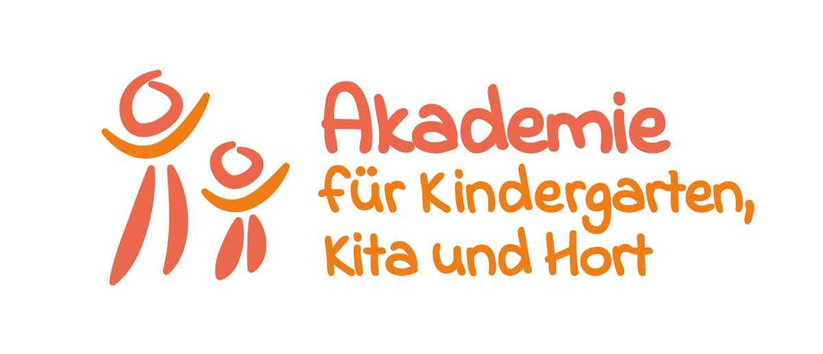 Logo with stylized figures and the text "Akademie für Kindergarten, Kita und Hort" in orange.