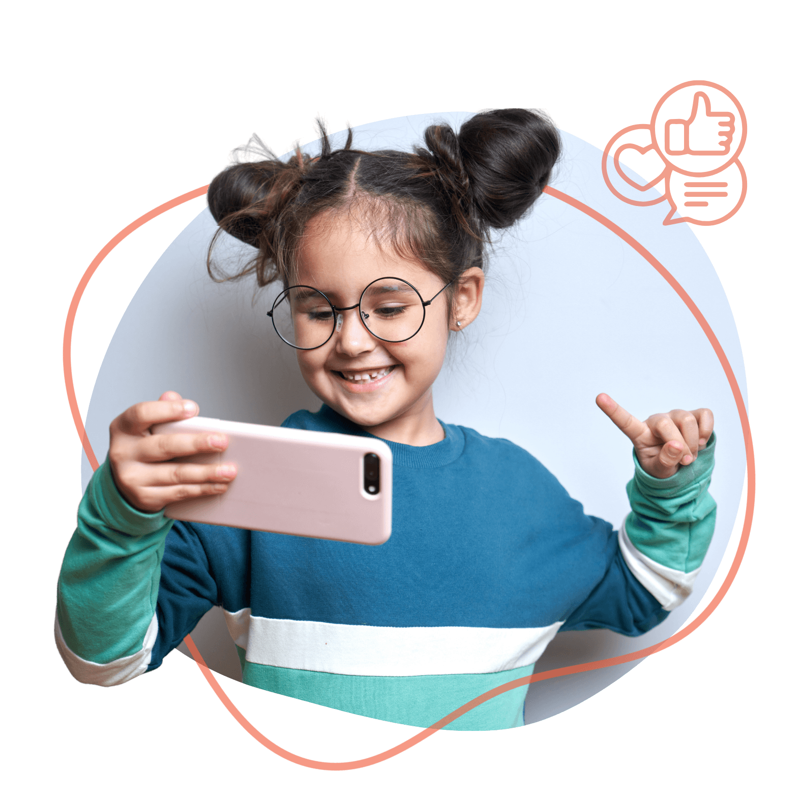 Ein lächelndes Mädchen mit Brille und Zöpfen macht ein Selfie mit ihrem Smartphone; sie trägt einen blaugrün-weißen Pullover. Sie ist von Social-Media-Symbolen umgeben.