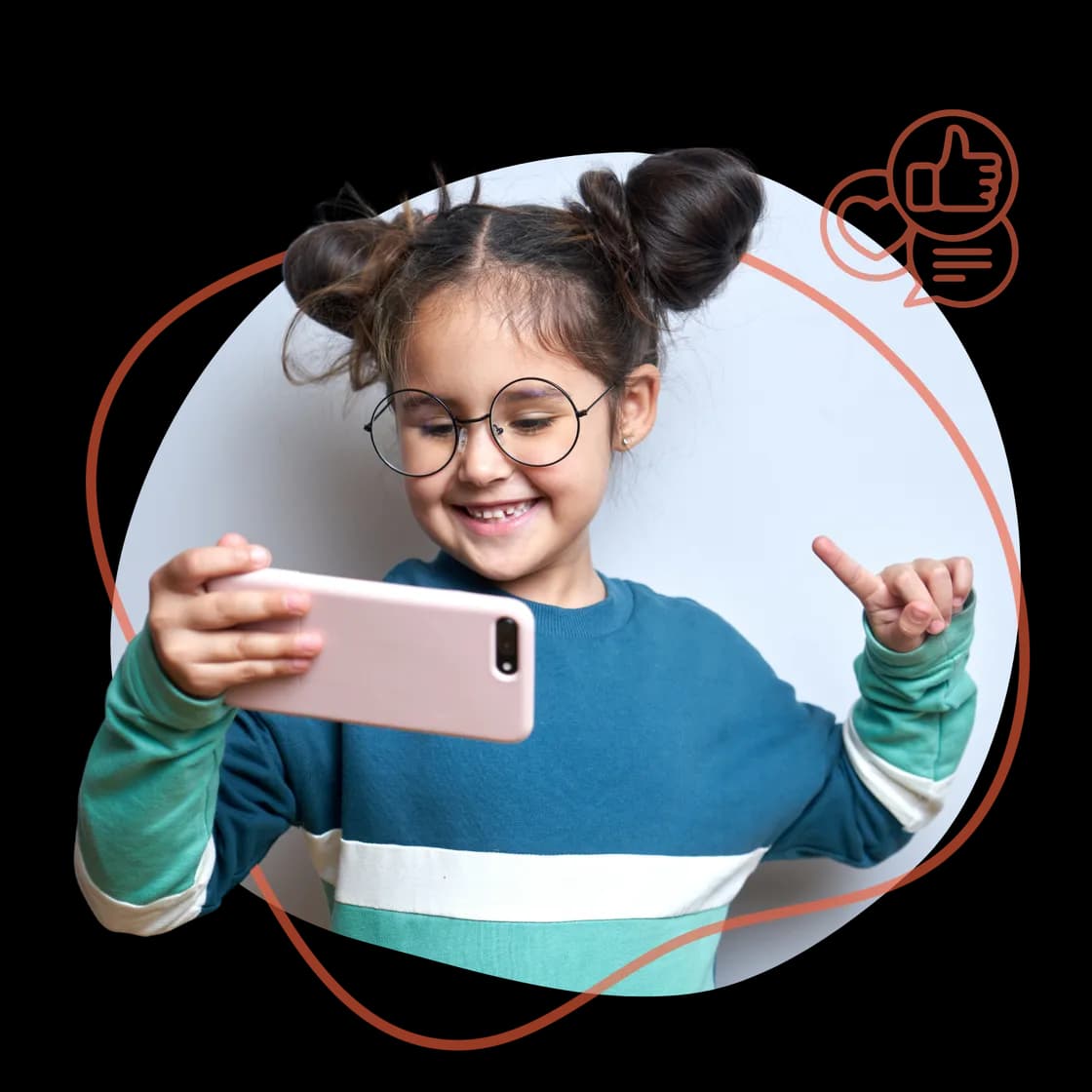 A young girl with glasses and pigtails takes a selfie with a smartphone, smiling and giving a thumbs-up, with social media icons in the background.