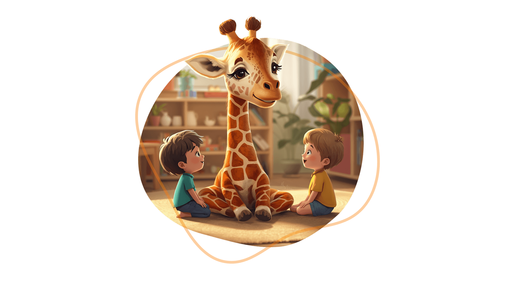 Zwei kleine Jungen sitzen im Schneidersitz einer Zeichentrick-Giraffe gegenüber, die in einem gemütlichen Zimmer zwischen ihnen sitzt.