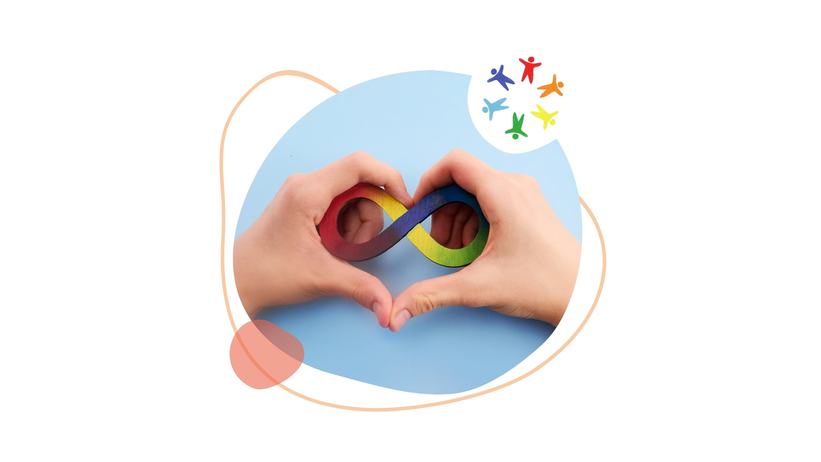 Zwei Hände formen ein Herz und halten ein buntes Unendlichkeitszeichen – Symbol für Inklusion und Vielfalt.