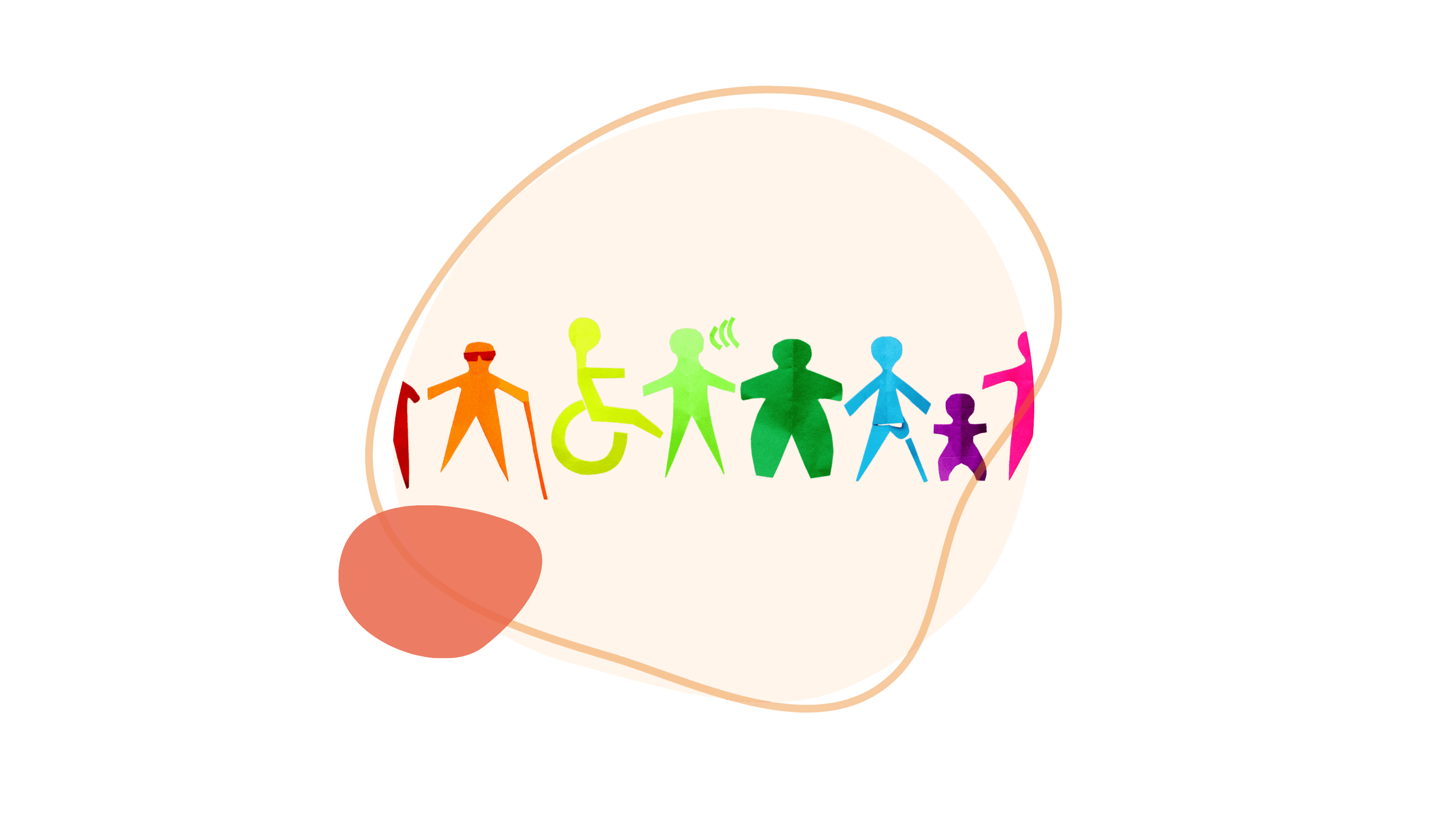 Silhouetten von vielfältigen, farbenfrohen Figuren in verschiedenen Formen und Größen, darunter eine Person im Rollstuhl, innerhalb eines abstrakten Designs.