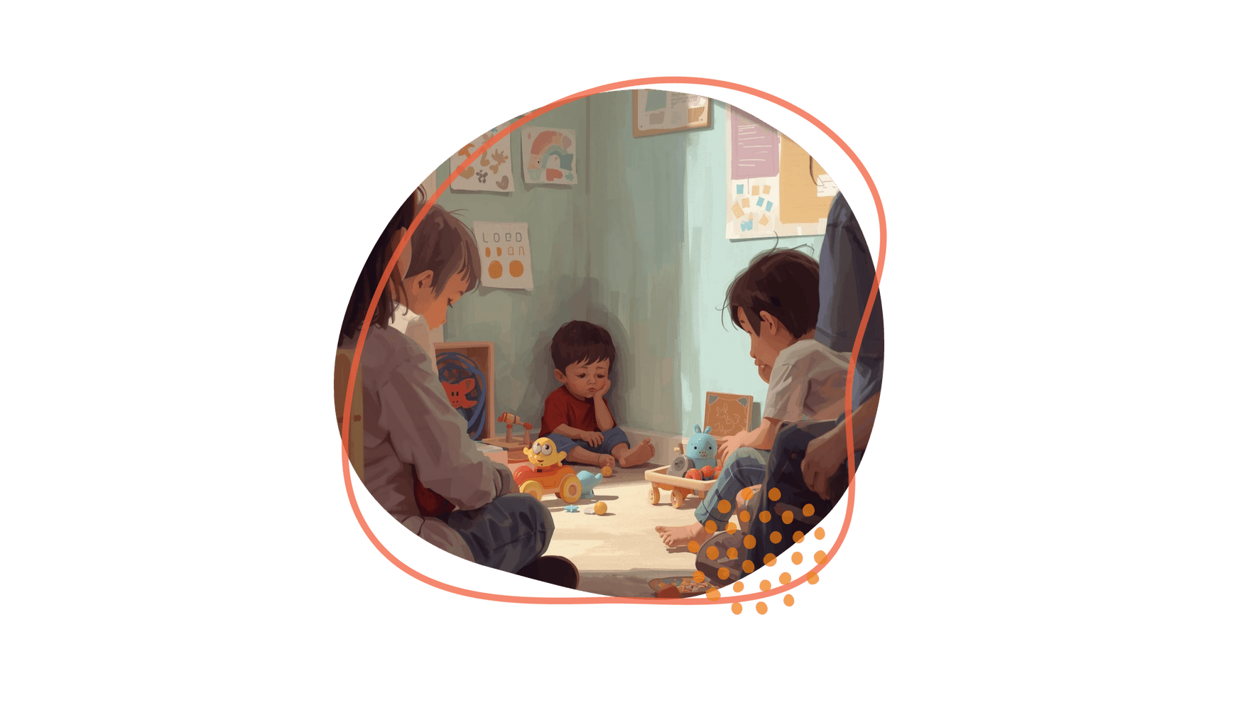 Kinder sitzen in einem gemütlichen Raum, spielen mit Spielzeug und beschäftigen sich rund um einen kleinen Spielbereich, an dessen Wand bunte Zeichnungen hängen.